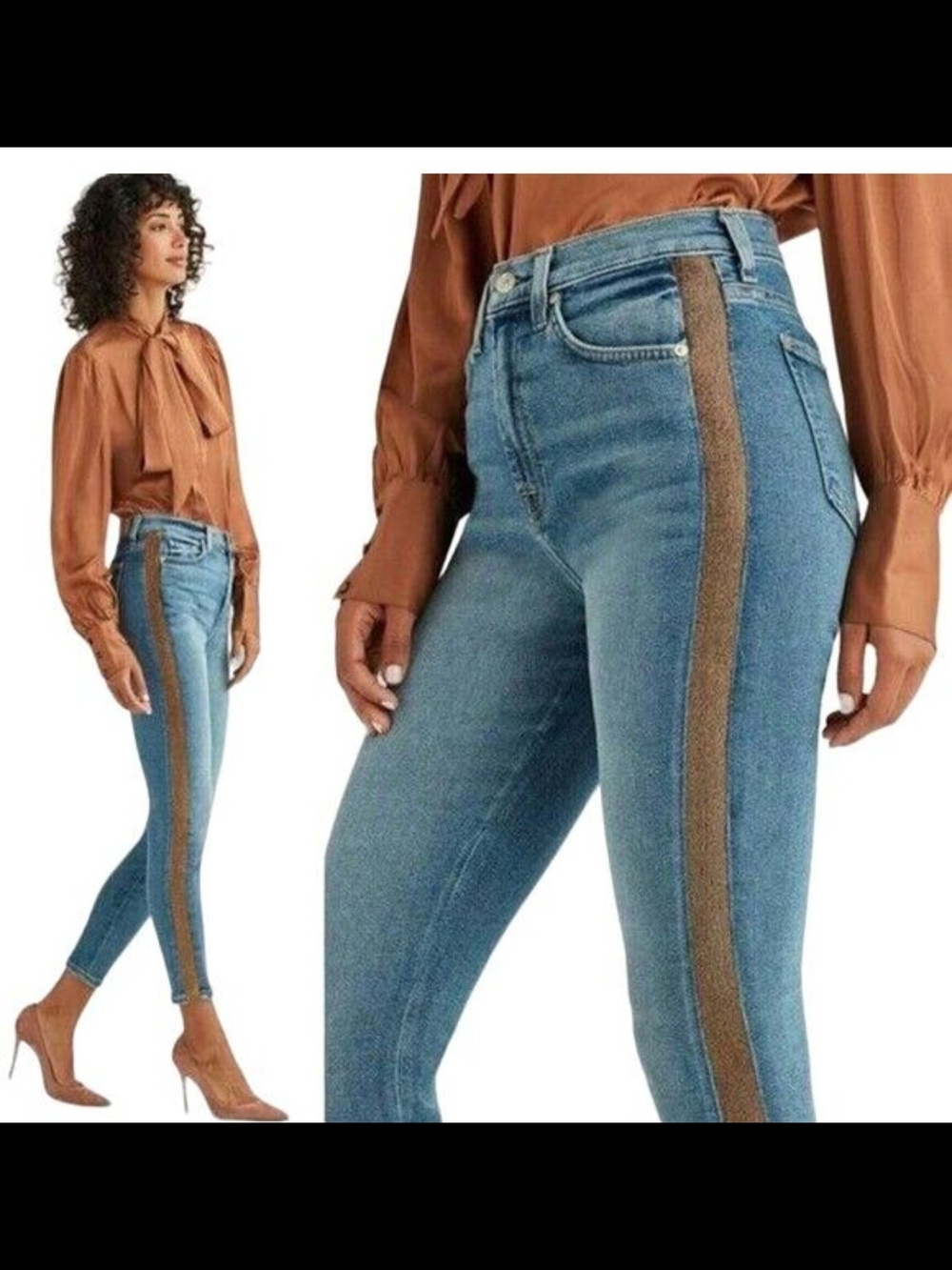 7 For All Mankind Women Luxe Jeans High Waist Ankle Skinny Gold Stripe